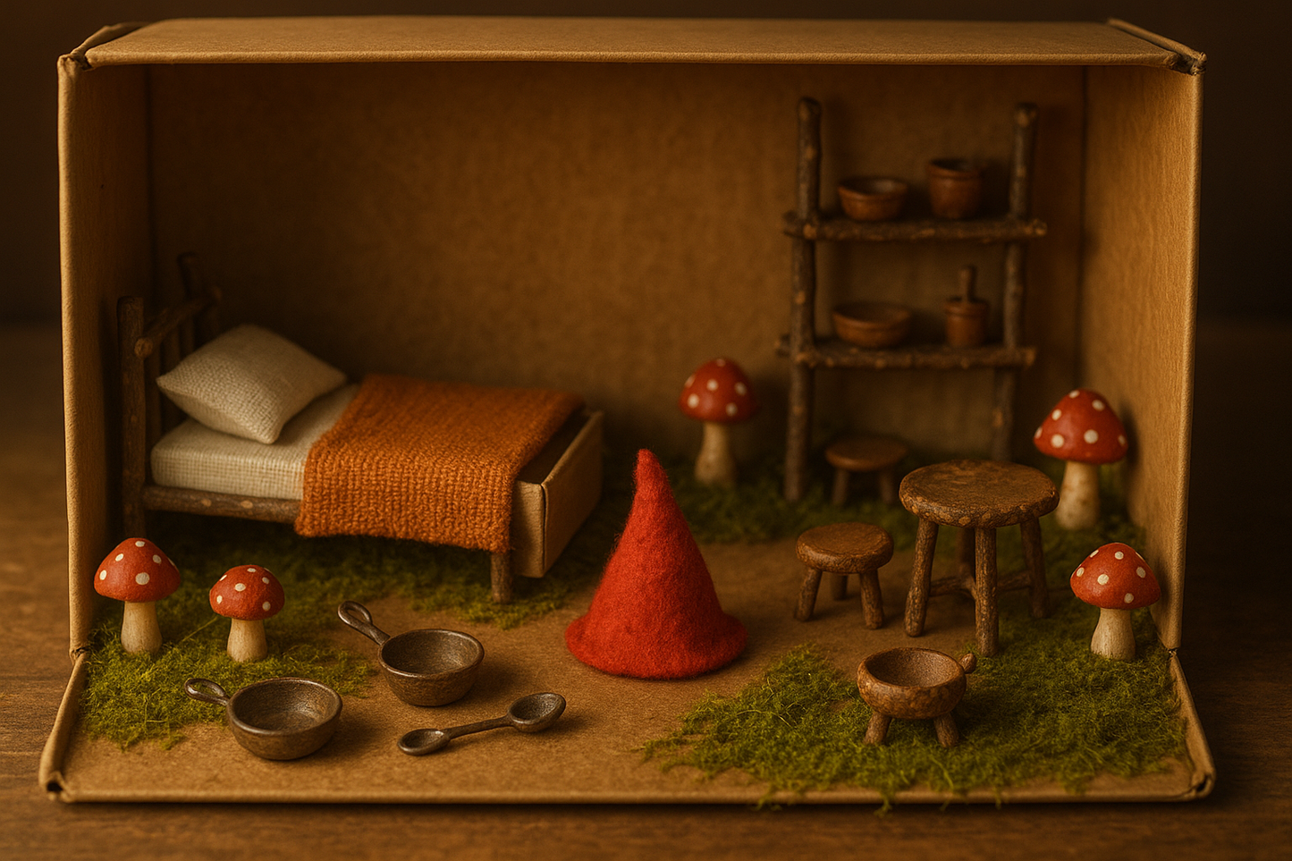 Generiere mir ein Bild einer kleinen Wichtelwohnung: ein Bett aus einer Streichholzschachtel, Minitöpfe und -pfannen, eine kleine rote Wichtelmütze in der Mitte u.Ä.
Der Wichtel selbst ist nicht sichtbar. Die Wohnung kann z.B. in einem Schuhkarton sein.