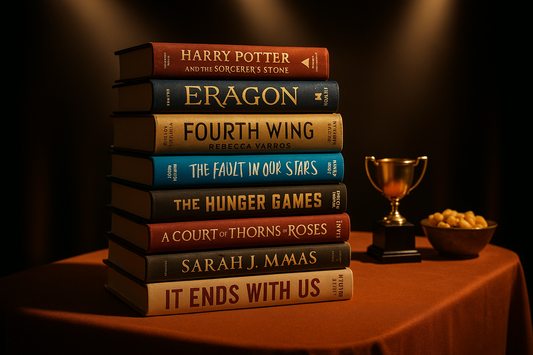 Erstelle ein Bild von einem Bücherstapel mit Bestseller Büchern (Harry Potter, Eragon, Fourth Wing, Herr der Ringe, Das Schicksal ist ein mieser Verräter, u.Ä.). Die Bücher sind auf einem Stehtisch mit Husse gestapelt und werden von Scheinwerfern belichtet. Neben dem Bücherstapel steht ebenfalls auf dem Tisch ein kleiner Pokal und eine Schalte mit Snacks.