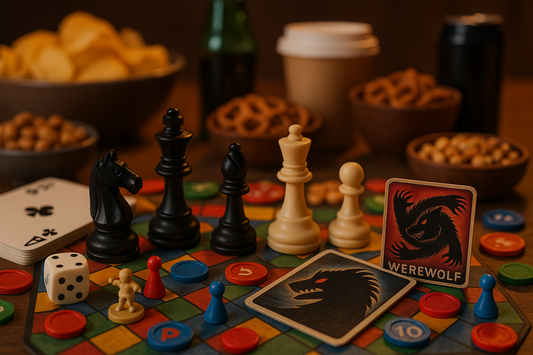 Erstelle eine Nahaufnahme von verschiedenen Gesellschaftsspielen (Schachfigur, Würfel, Karten, Werwolfkarten, Spielfiguren, u.Ä). Dazu stehen im Hintergrund verschiedenste Snacks und Getränke.